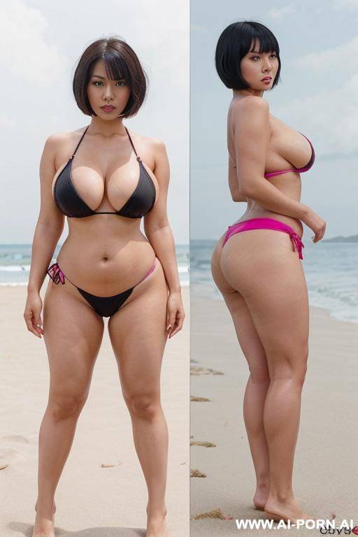 tall busty japanese milf, , gorgeous face, black eyes, black bobcut hair, massive boobs, waist, wide hips, thick legs, huge butt, seductive, beach, standing up, full body picture, front view, pink extreme micro bikini - #main