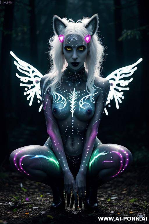 extremely tall supermodel cutie, slender, skiny, completely naked, super long legs, ((very long hair)), goddess of light, ((whole body covered in light)), dark forest, epic, fantasy glowing wings, - #main