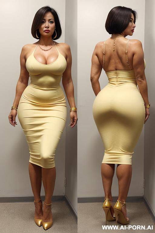 (full body view) (form behind) (mature latina woman) (big ass) (tight long pencil dress) (golden high heels) (necklace) (loop earrings) (squatting) (tanned skin) (curvy fit body) - #main