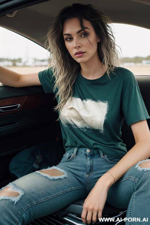 hair: messy waves. clothes: dirty, ripped. t-shirt and jeans. sitting in a car - #main