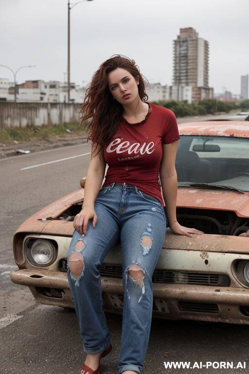 hair: messy waves. clothes : (red worn dirty, t-shirt) , ragged jeans. sitting in a car. au naturel. no make-up. abandoned city background - #main