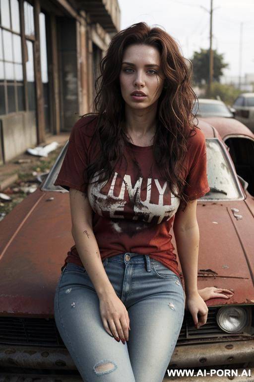 hair: messy waves. clothes : (red old dirty, tight t-shirt) , dirty jeans. sitting in a nice car. au naturel. no make-up. abandoned city background with zombies - #main