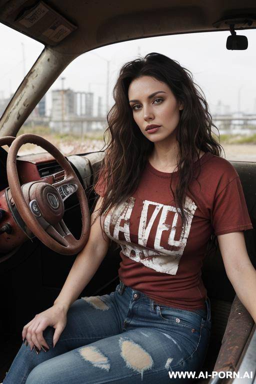 hair: (messy waves). clothes : (red old dirty, tight t-shirt) , dirty jeans. (sitting in a modern car). make-up: (au naturel. no make-up). background: (abandoned city) - #main