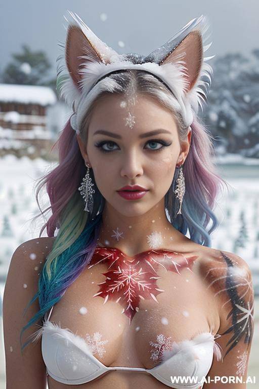 face, sexy, beautiful, ((face painting)), ((bikini as seashell)), ((tattoo roses)), ((eyes shw)), ((angel wings)), ((rainbow hair)), ((long bu hair)), ((wind)), (( cat face)), (( cat ears)), (((feather - #main