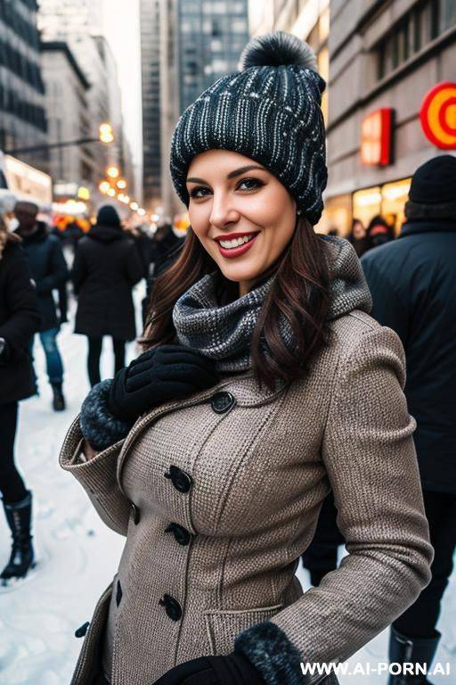 big city street, topless, winter hat, earmuffs, winter gloves, winter pants, winter boots, lots of people - #main