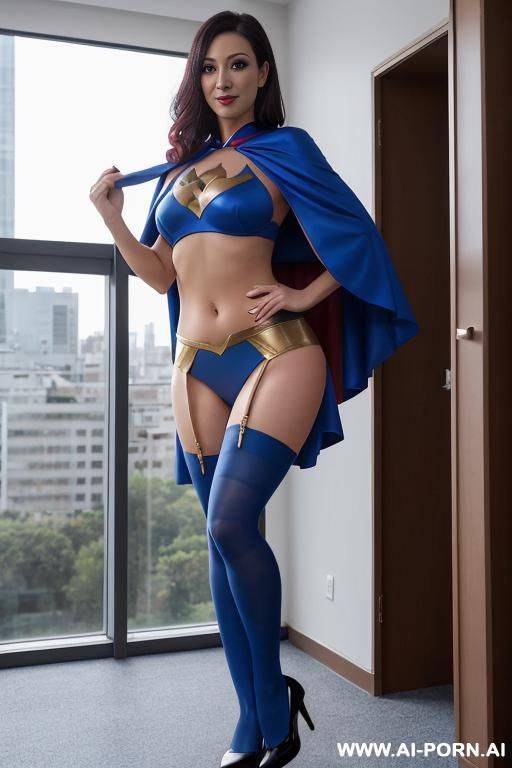 crop top, blue pantyhose, super hero standing proudly on building, fit body, micro-skirt, short cape - #main