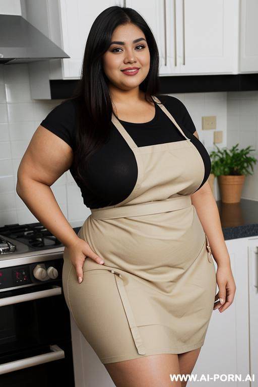 pear shaped, bbw, massive hips, giant thighs, chubby face and arms, tan, chola, domesticated, homemaker, wearing covering tight apron - #main
