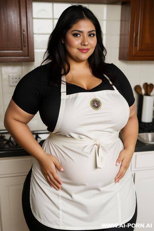 very rotund, super obese, pear shaped, bbw, massive hips, giant thighs, chubby face and arms, tan, chola, domesticated, homemaker, wearing covering tight apron, big belly - #main