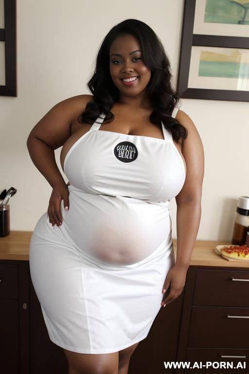 fattest bbw, huge belly, smirk, extremely pear shaped, humongous hips, very oiled up, massive thighs, very dark, wearing tight apron, domesticated , wide, dark skin, rubbing her big belly, smirking, winking - #main
