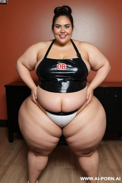 fattest bbw, huge belly, smirk, extremely pear shaped, humongous hips, very oiled up, massive thighs, very dark, wearing tight apron, domesticated , wide, dark skin, rubbing hands on her big belly, smirking, winking - #main