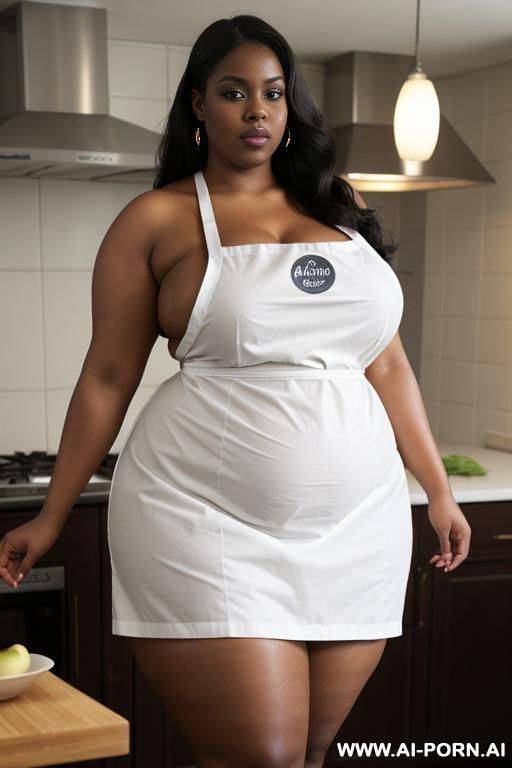 fattest bbw, extremely pear shaped, humongous hips, very oiled up, massive thighs, very dark, wearing tight apron, domesticated , wide, dark skin, making dinner - #main