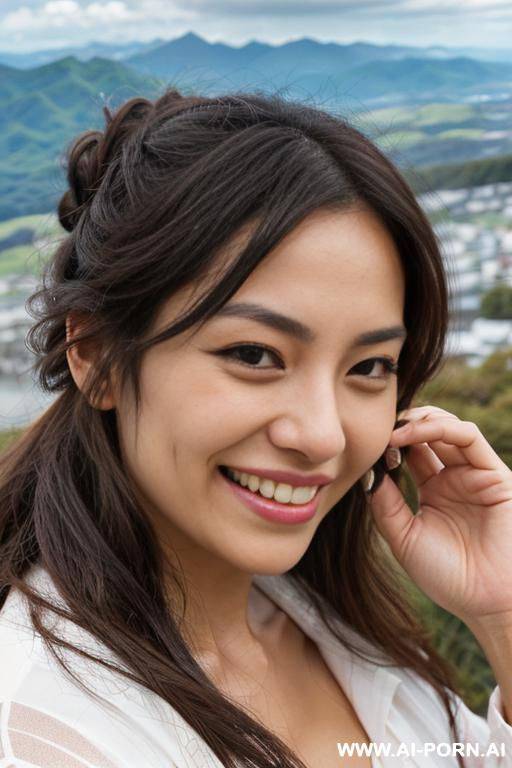 highly expressive. tanned japanese. long, wavy chignon, gradient-brunette hair. close-up in decent clothes. she is natural. real-life sei-ra sodes-hiro! it seems as if she draws me closer.in new-zeland. at the mountain-top. - #main