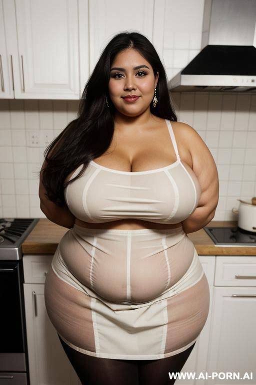 very rotund, super obese, pear shaped, bbw, massive hips, giant thighs, chubby face and arms, tan, chola, domesticated, homemaker, wearing covering tight apron, extremely big belly, long hair - #main