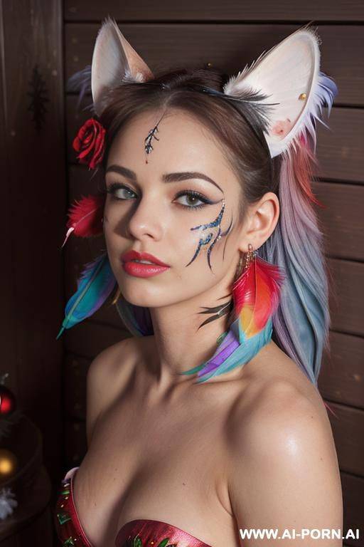 face, sexy, beautiful, ((face painting)), ((bikini as seashell)), ((tattoo roses)), ((eyes shw)), ((angel wings)), ((rainbow hair)), ((long bu hair)), ((wind)), (( cat face)), (( cat ears)), (((feather - #main