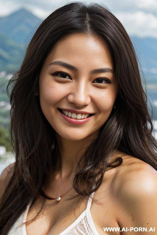 highly expressive. tanned japanese. long, wavy, gradient-brunette hair. close-up in decent clothes. she is natural. real-life sei-ra sodes-hiro! it seems as if she draws me closer.in new-zeland. at the mountain-top. - #main