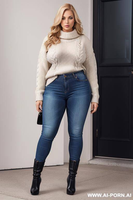 nerdy woman with thick thighs, big ass, tits, jeans, boots, sweater, full body photo, photorealism, blonde, standing - #main