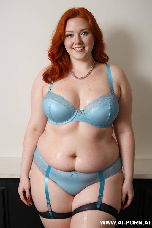 half-length photo, as a stage in the laundry area, a fat obese chubby fat thick and bbw redhead british, she has a flowers arm tattoo, she is washing clothes and is soaked in foamy water. - #main