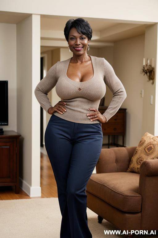 sexy mature face, full big lips, high cheek bones, sensual older woman, (tight body), (firm thighs), beautiful skin, mature milf face, middle aged. in living room, standing straight, - #main