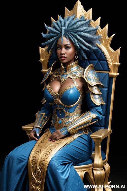 galactic empress, detailed high quality ultra realistic ornate battle armor, blue hair, sitting on throne, afro - #main