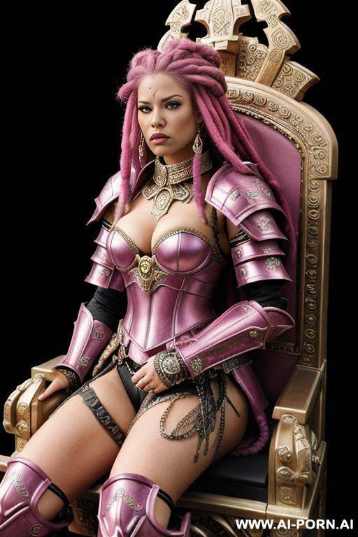 galactic empress, detailed high quality ultra realistic ornate battle armor, pink hair, sitting on throne, dreadlocks, angry face - #main