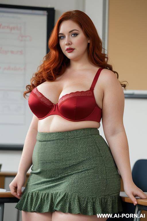 close up full body photo shot, about at classroom, obese chubby fat bbw curvy teacher, wearing a sexy and hot micro red ruffle skirt and cup-less bra, teaching to the classroom. - #main