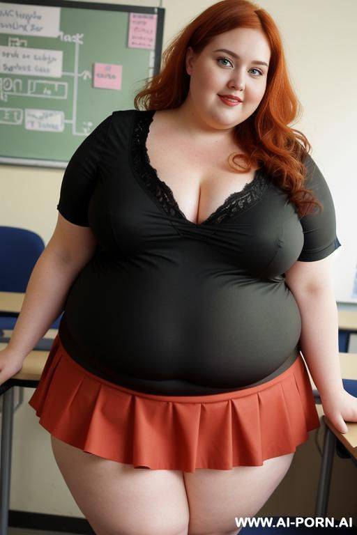 close up full body photo shot, about at classroom, chubby obese fat bbw curvy teacher, wearing a sexy and hot micro red ruffle skirt and micro top, teaching to the classroom. - #main
