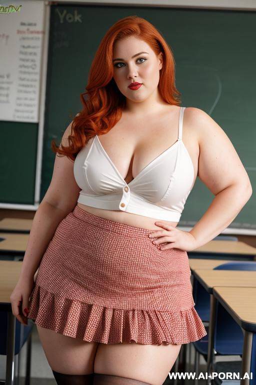 close up full body photo shot, about at classroom, chubby fat bbw curvy teacher, wearing a sexy and hot micro red ruffle skirt and micro top, teaching to the classroom. - #main