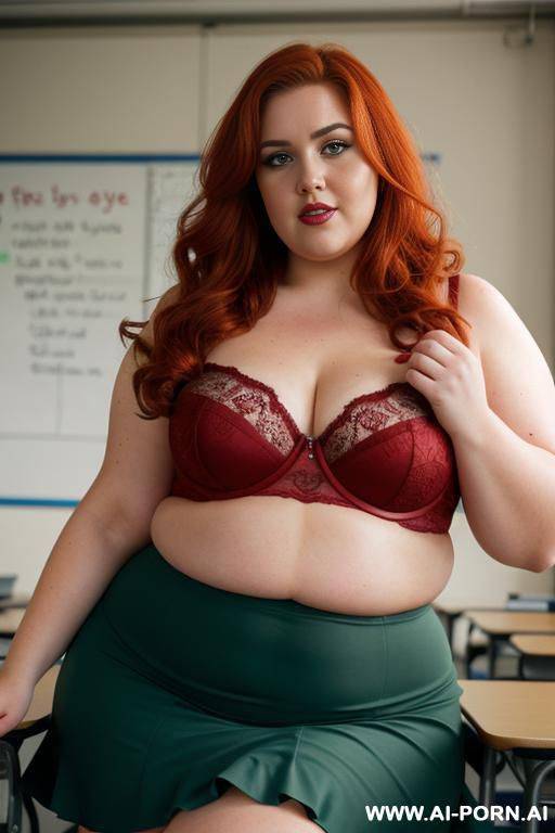 close up full body photo shot, about at classroom, obese chubby fat bbw curvy teacher, wearing a sexy and hot micro red ruffle skirt and caged bra, teaching to the classroom. - #main