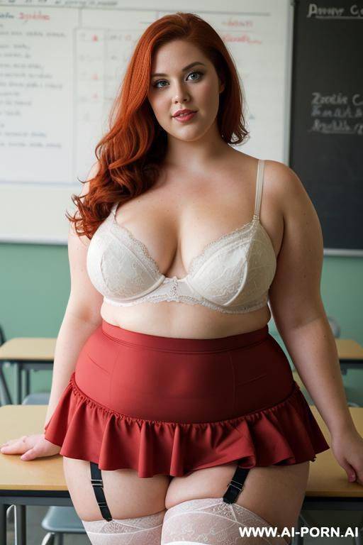 close up full body photo shot, about at classroom, obese chubby fat bbw curvy teacher, wearing a sexy and hot micro red ruffle skirt and garter belt top, teaching to the classroom. - #main