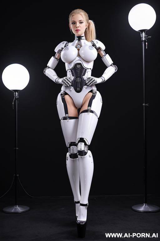 robot, white, front view, full-body view, standing, hands on hips, looking at the viewer, seductive face, beautiful, blonde hair, ponytail, blue eyes, wide jaw, (fully robotic body, huge robotic - #main