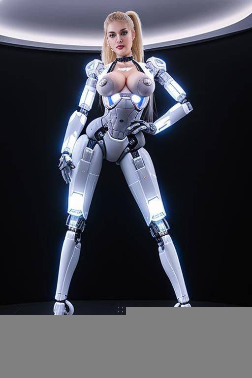 robot, white, front view, full-body view, standing, hands on hips, looking at the viewer, seductive face, beautiful, blonde hair, ponytail, blue eyes, wide jaw, fully robotic body, fit, (huge - #main