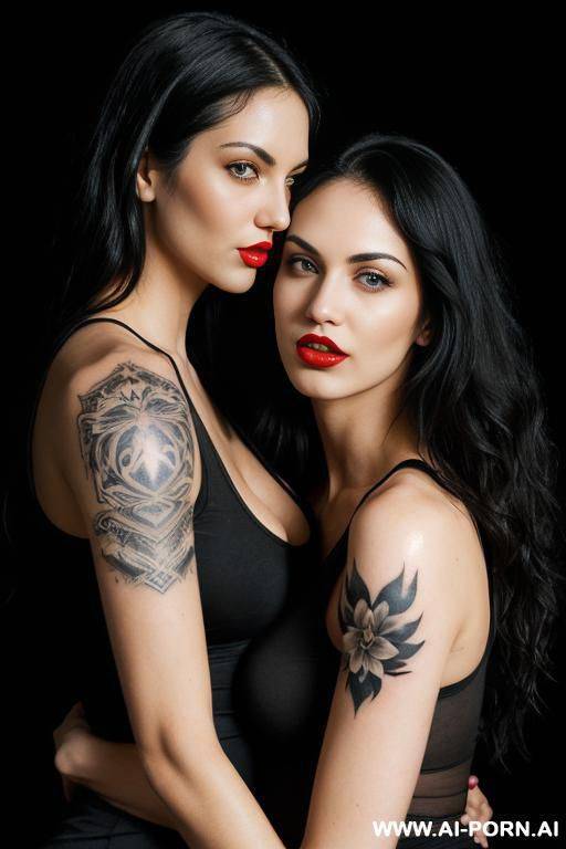 ((2 women hugging)) ((looking at each other)) (long wavy hair) (soft black hair) (makeup) (smokey eyes) (red lips) (ideal facial ratios) (loose fitting white tank top) (see-through top) (athletic - #main