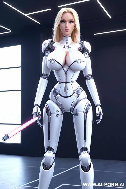 robot, front view, full-body view, standing, hands on hips, looking at the viewer, seductive face, beautiful, blonde hair, (fully robotic athletic body, huge robotic tits:1.1), ultra-high platform stripper stilettos - #main
