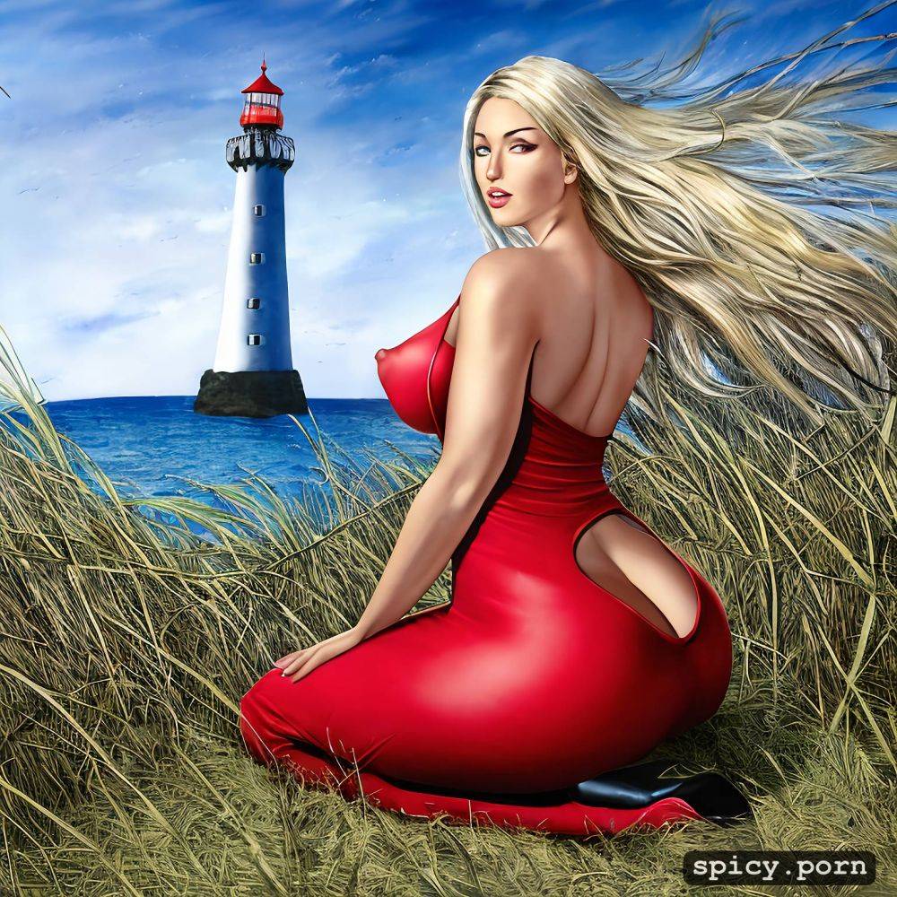erect nipples, side shot, posed sitting, vivid, seductive, a lighthouse hill on a beach - #main