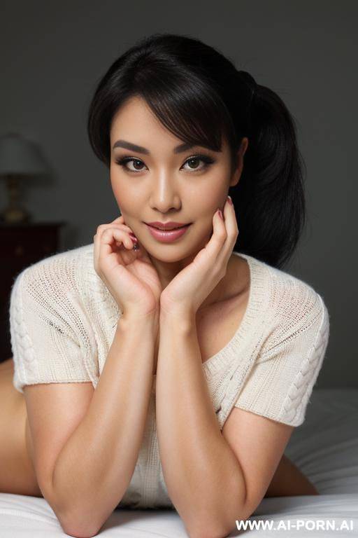 two woman dressed in a soft white knitted turtleneck sweater sits on her knees and licks her pussy another woman dressed only with a sweater around her neck - #main