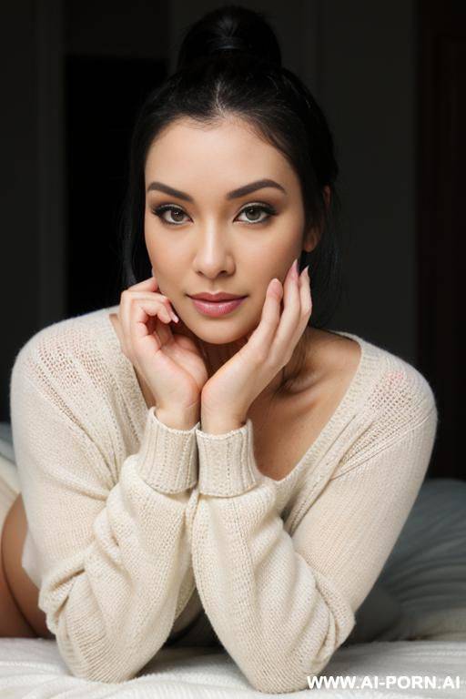 two woman dressed in a soft knitted turtleneck sweater and cow heat and underpaints sits on her knees and touch her pussy another woman dressed only with a sweater around her neck - #main