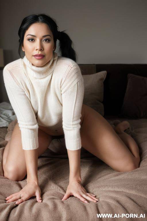 a lesbian woman dressed in a knitted turtleneck sweater, soft sits on her knees and caresses her pussy, another woman dressed only in a neck sweater with hair on her pussy and bare breasts - #main