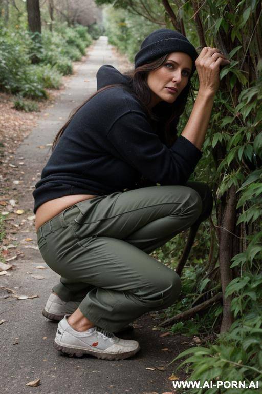 homeless squatting in underbrush, pants side.view - #main