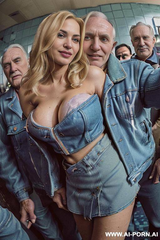 ((((selfie)))) ((((view fish eye lens view)))) ((((medium shot)))) ((((hugging many old men with jackets behind them looking at her with desire)))) ((((inside an men bathroom)))) ((((keep same face)))) - #main