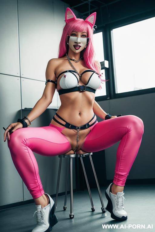 wearing sexy pink sports pants, jacket open showing her tits, on a nis court, white strapless t-shirt, with cat ears and tail, tape mouth, piercing nipples chain clamps, piercing clitor chain - #main