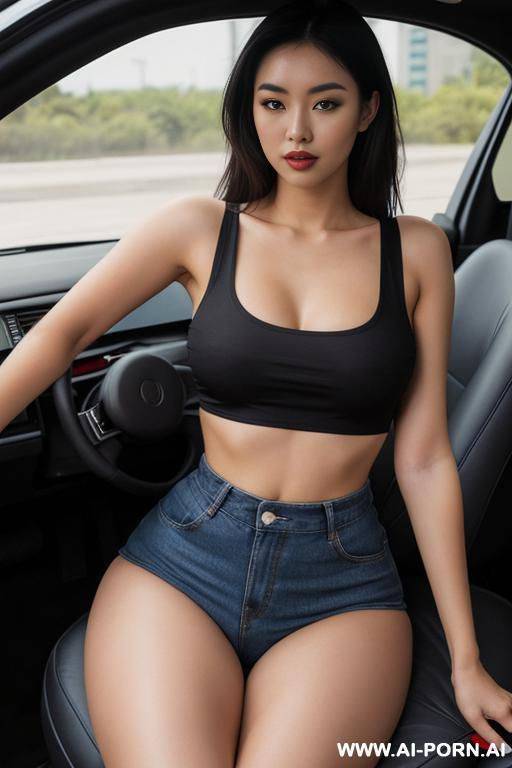 medium full shot, alluring thighs, wide hips, crop top t-shirt, short, (((exposing legs))), car seat - #main