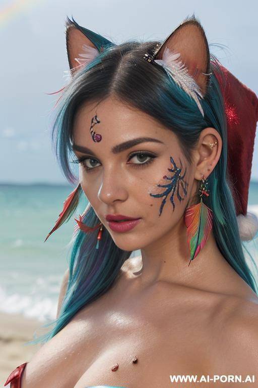 face, sexy, beautiful, ((face painting)), ((bikini as seashell)), ((tattoo roses)), ((eyes shw)), ((angel wings)), ((rainbow hair)), ((long bu hair)), ((wind)), (( cat face)), (( cat ears)), (((feather - #main