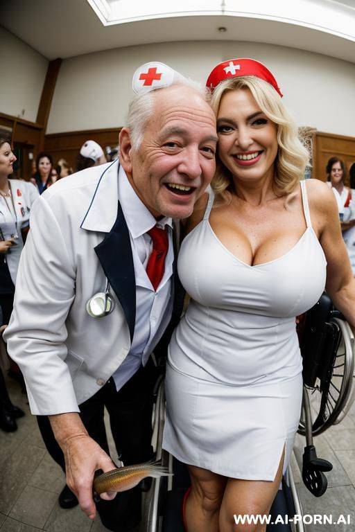 ((((view fish eye lens view)))) ((((an oldman in a wheelchair hugged by the nurse)))) at de wedding celebration voluptuosus italian nurse lot jacket men looks at her close up around spilling - #main