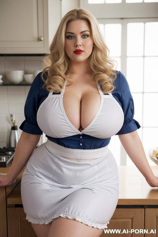 (masterpiece), bbw, super plump, wearing tight apron, best quality, expressive eyes, perfect face, stunning, (((beautiful face))), ((massive natural saggy breasts)), skin indentation, very tight apron, perfect massive hips, red lips, bbw, wide frame - #main