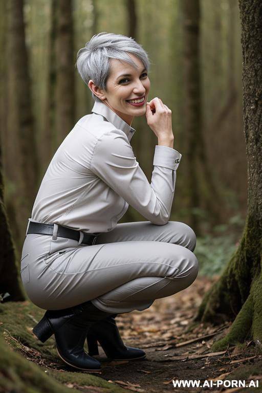 tall. boots, collar, pants, shirt, squatting in undergrowth, side-view - #main