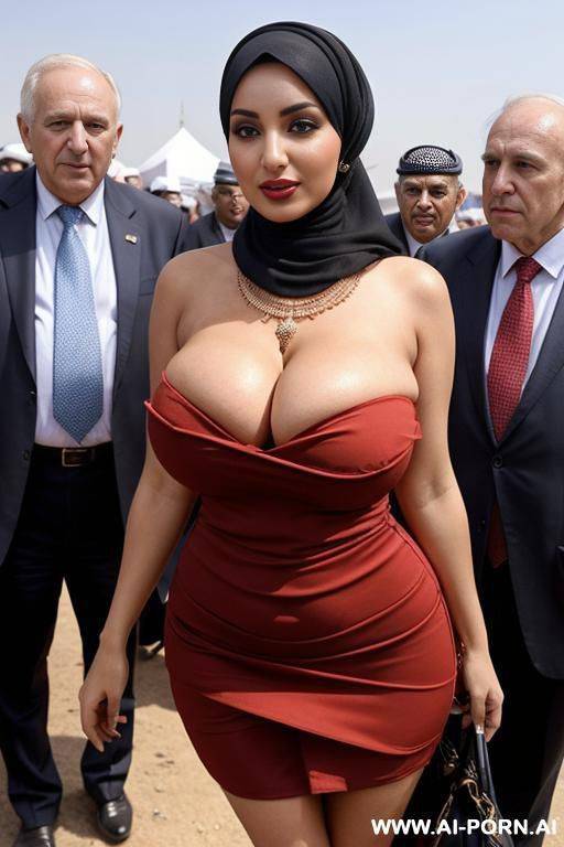 hijab, gigantic boobs, festival surrounded by old men in suits, earings, neckless, nipslip, big boobs in tight dress, squeeze boobs, huge cleavage - #main
