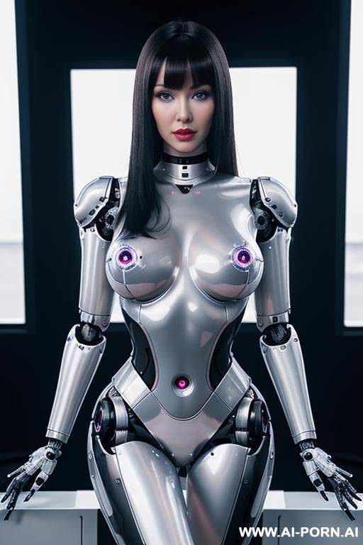 (realistic very detailed robot total meccanical artificial robot body woman) with long black hair and black-white glossy rubber latex glass transparent colored skin threads, glowing blue robotic eyes, - #main