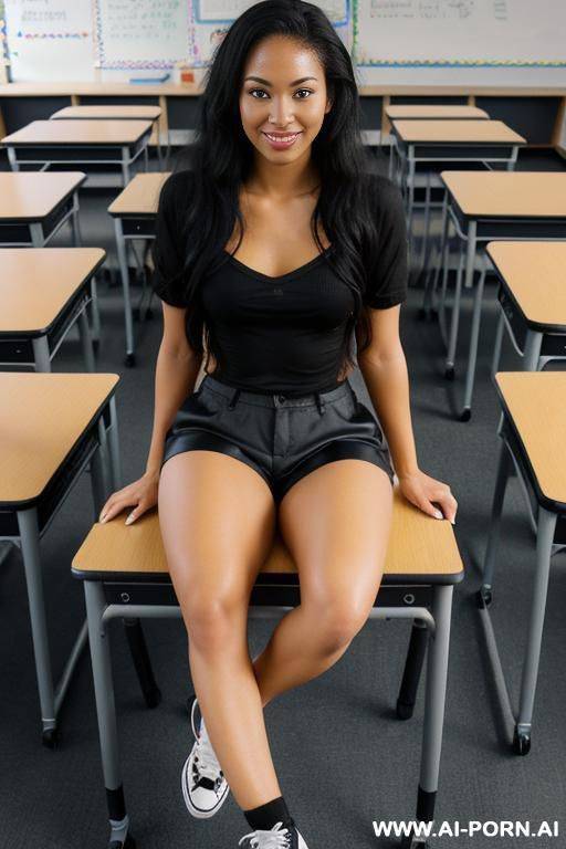 black fabric shorts, black fishnet pantyhose, converse sneakers, sitting on a desk, one leg on the desk - #main