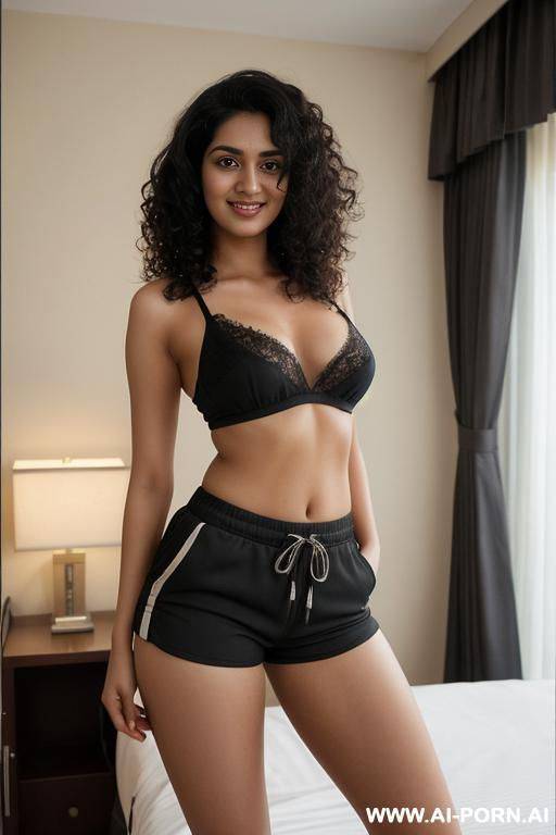 (( jogger shorts )), (pretty face), (detailed face), (soft slutty smile), (perfect nipples), (natural lighting), (large areolas) , ((highly detailed photo)), | (( dorm room bedroom)) - #main