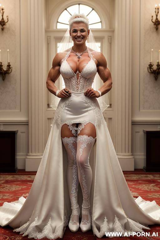 (((white bride dress))), ((((white nylon stockings)))), ((((red long mohawk)))), ((red lipstick)), (((extreme huge boobs))), (((round massive tits))), (((smiling))), (((necklace))), ((hourglass figure)), (((wasp waist))). - #main